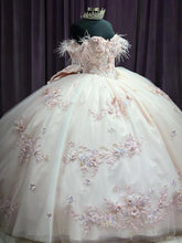 Off-Shoulder Ball Gown with Feather Accents Floral Lace Appliques and Beaded Bow Princess Quinceanera & Sweet 16 Party Dress